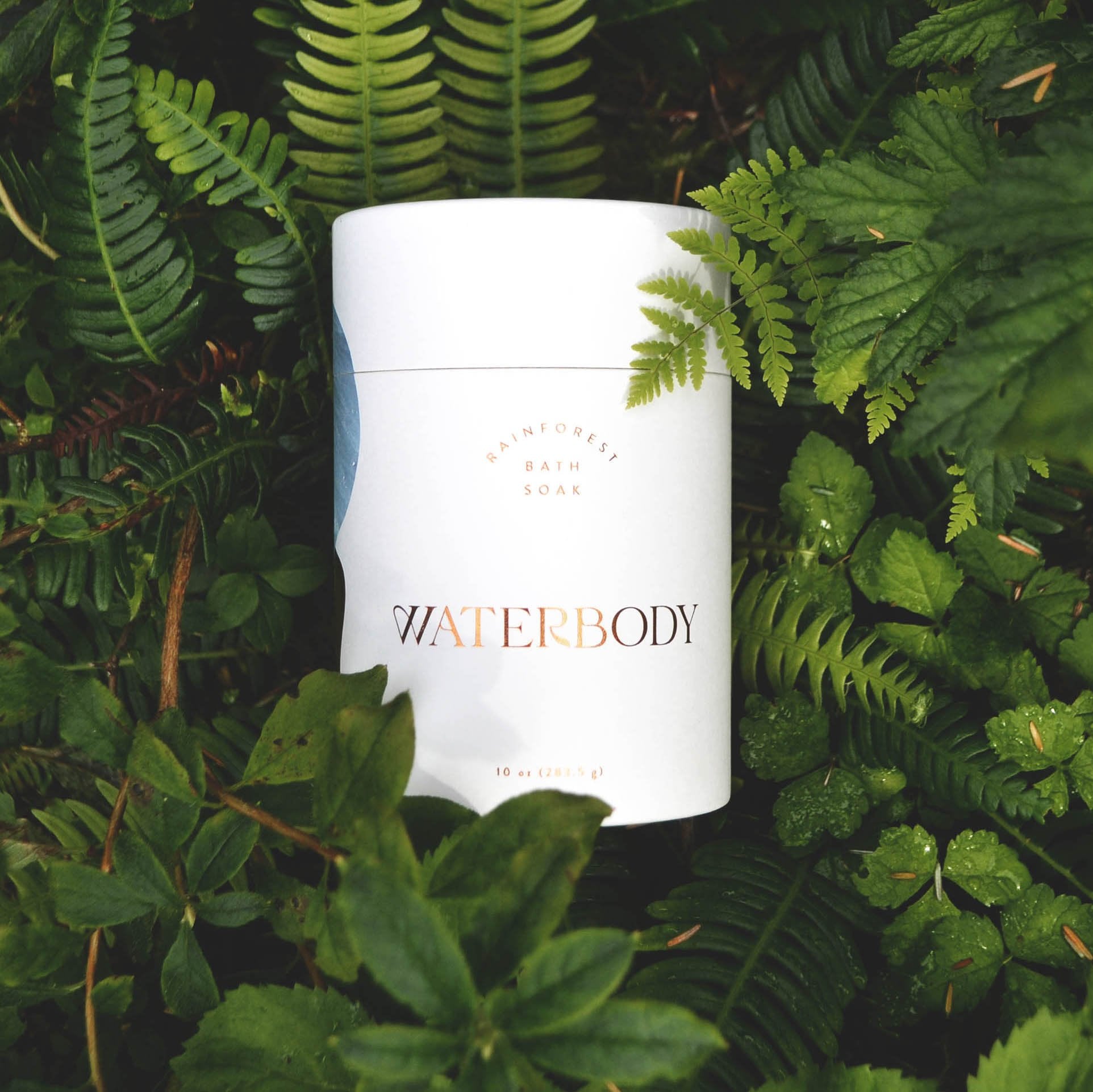 A tube of bath soak is white with gold text reading "Rainforest bath soak, waterbody". It lays on the forest floor, surrounded by ferns and greenery