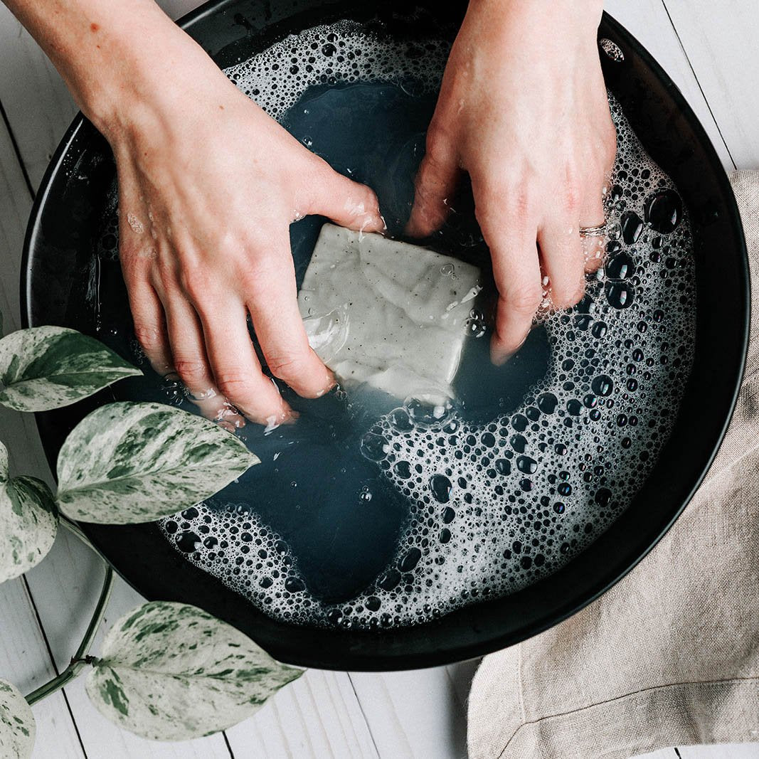 Someone is washing their hands in a black ceramic bowl of water. The hands loosely hold a blue-green bar of soap surrounded by sudsing lather. The vine of a houseplant frames the image
