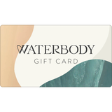 A rectangle image of the Waterbody logo against organic rounded shapes of gold, cream, and sea green